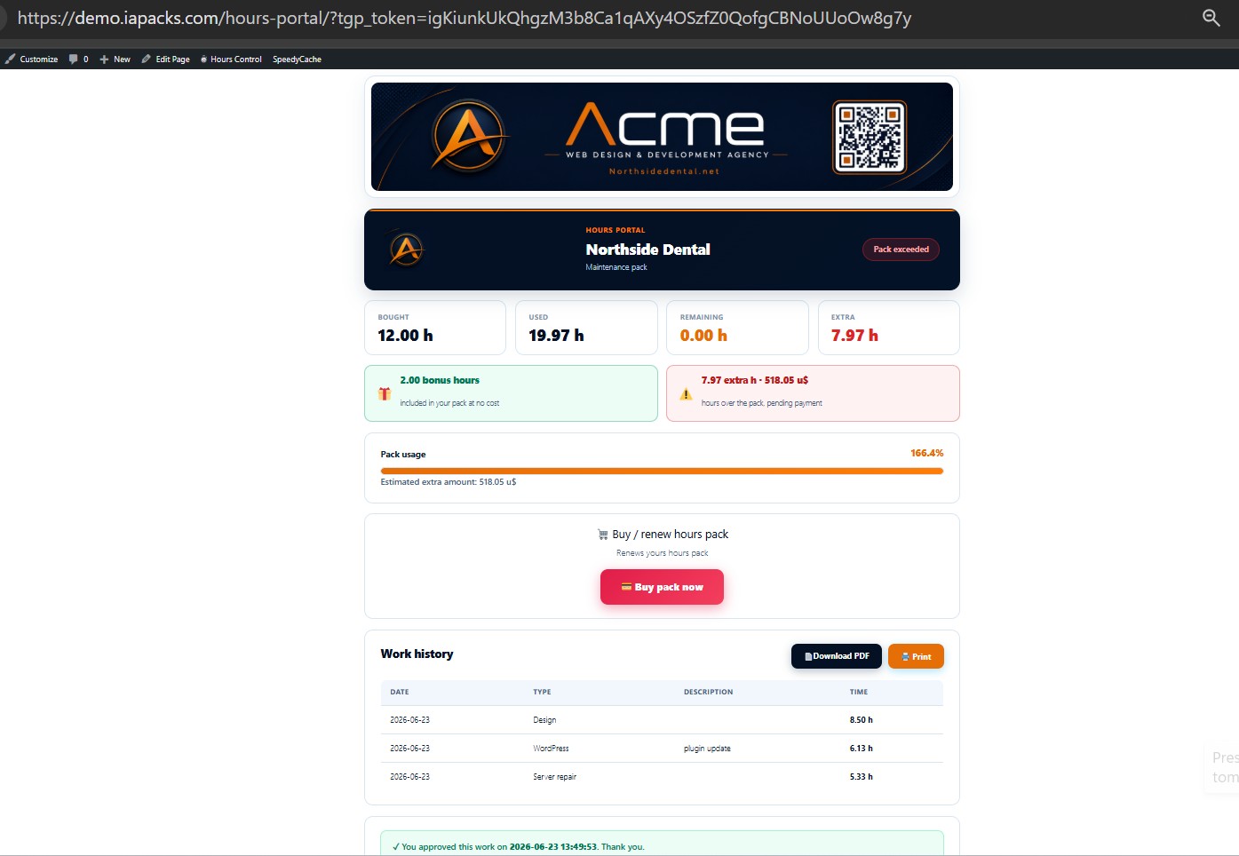 Portal de horas del cliente en TimeGuard Pro, captura real