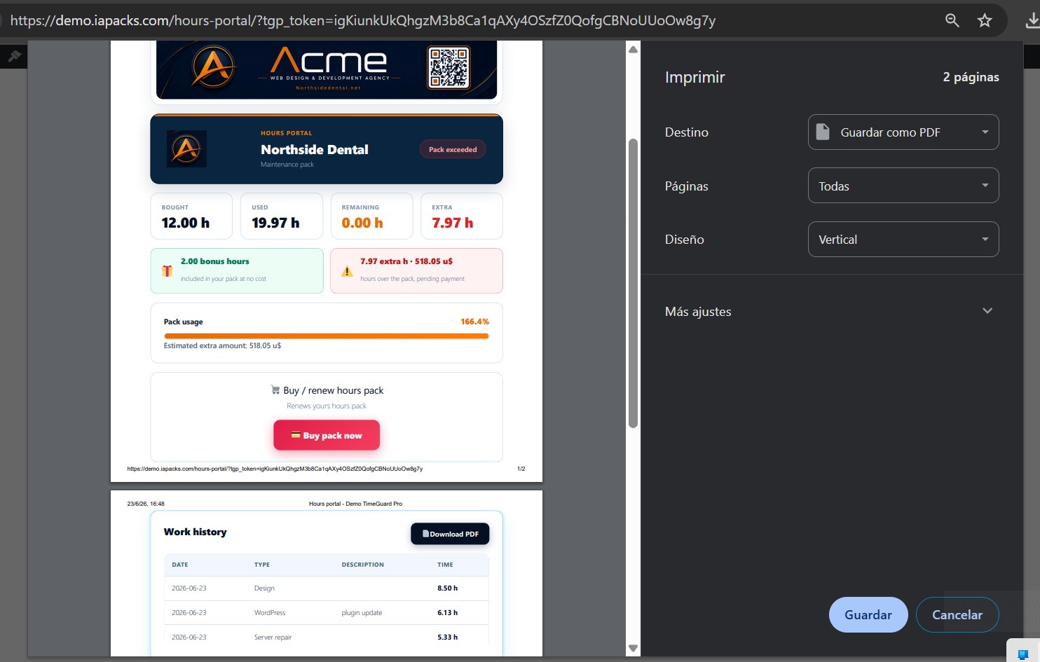 Informe PDF de cliente en TimeGuard Pro, captura real