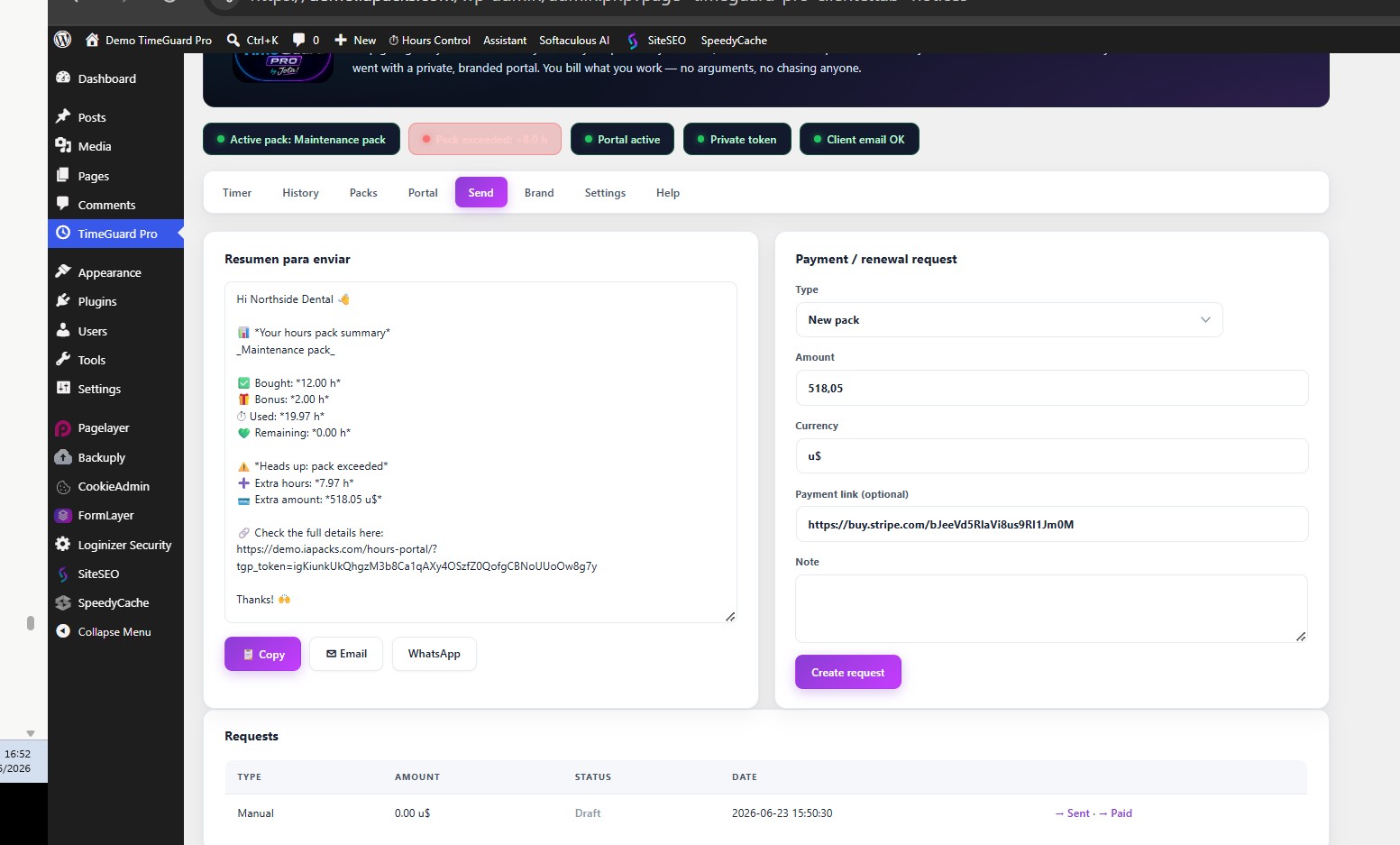 Pestaña de solicitud de pago en TimeGuard Pro, captura real