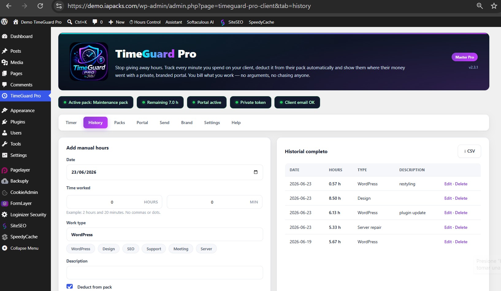 Pestaña de historial de trabajo en TimeGuard Pro, captura real