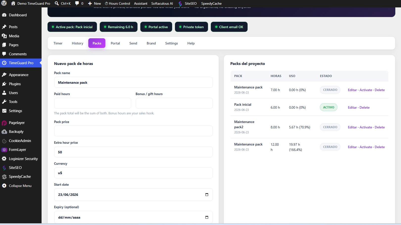 Pestaña de packs de horas en TimeGuard Pro, captura real