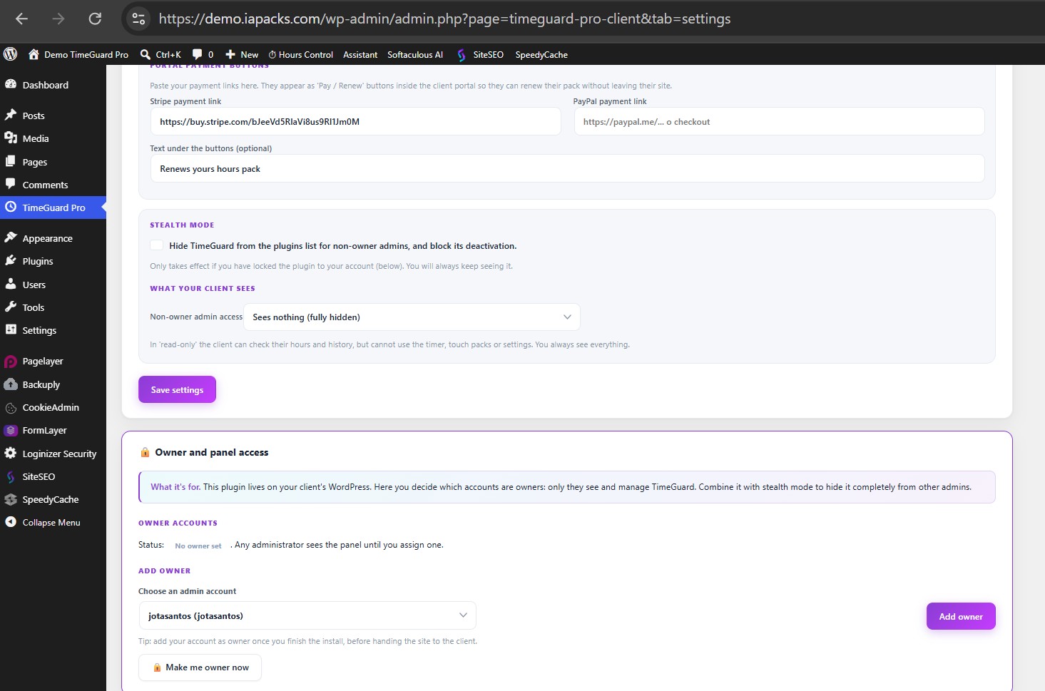 Ajustes de control de acceso en TimeGuard Pro, captura real
