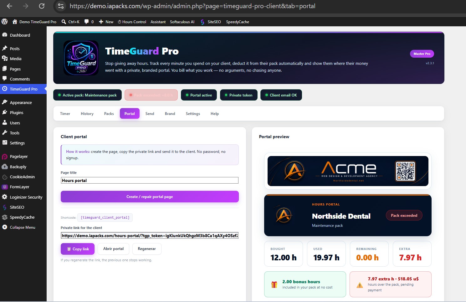 Pestaña de configuración del portal de cliente en TimeGuard Pro, captura real
