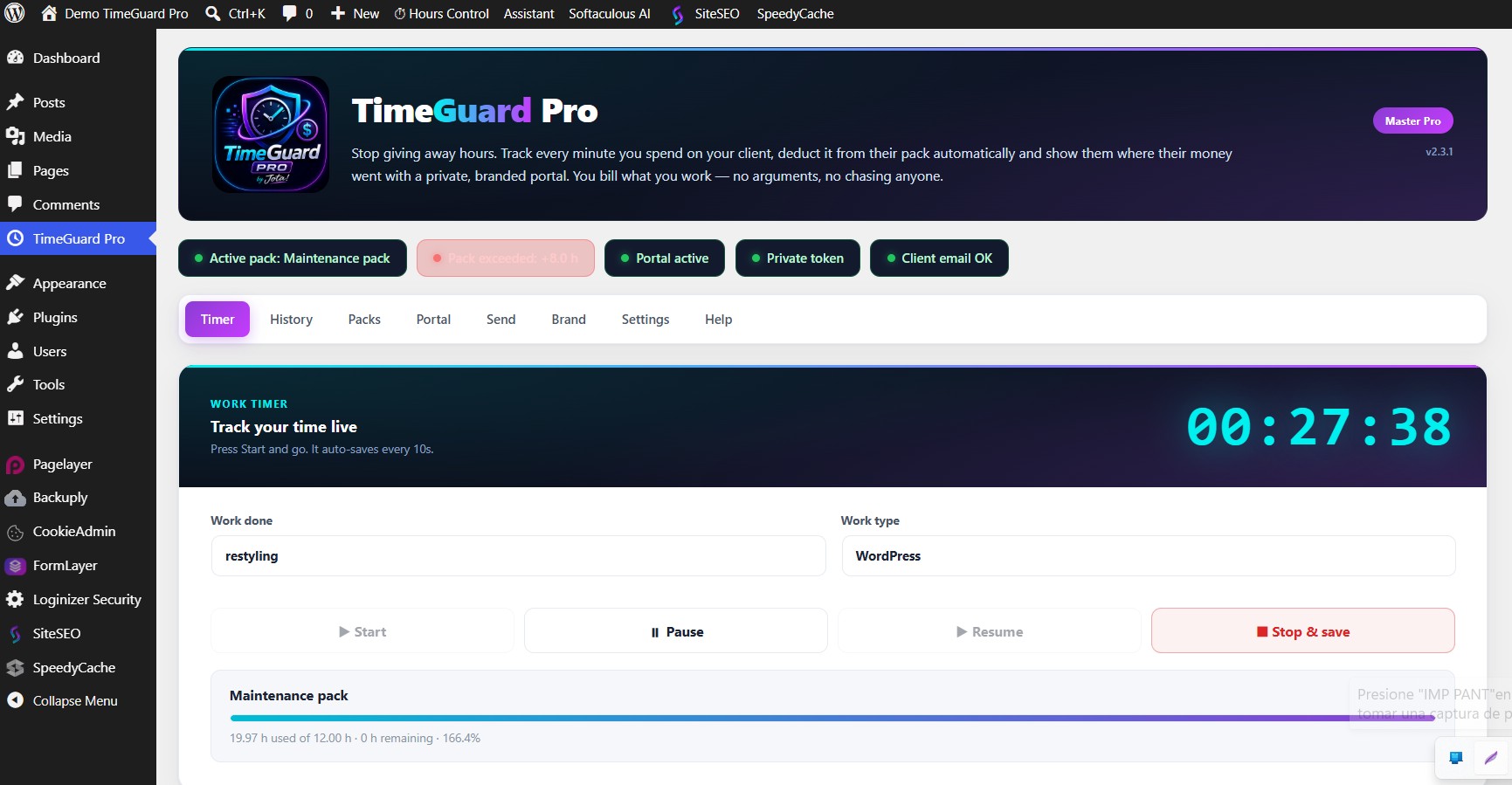 Cronómetro de trabajo en TimeGuard Pro, captura real